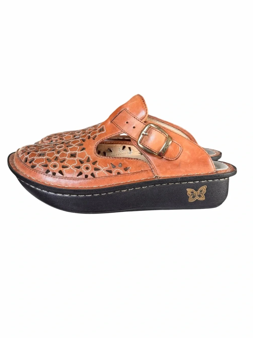 Alegria by PG Lite 35 Brown Leather Floral Laser-Cut Platform Sandals Comfort